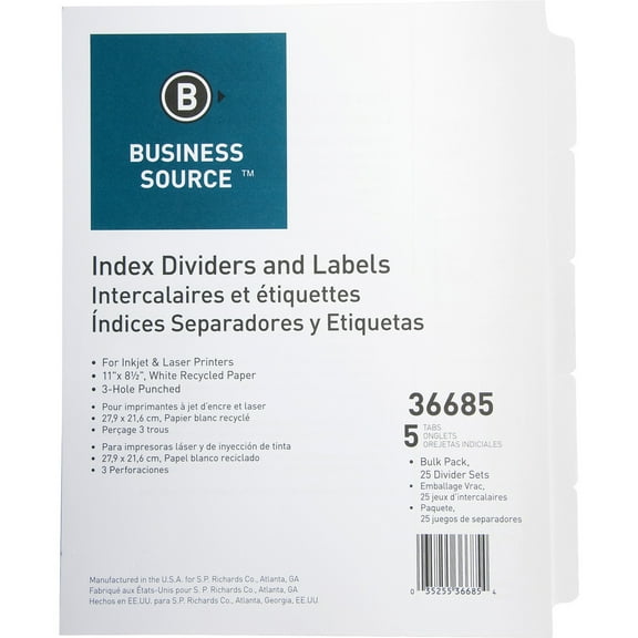 Business Source, BSN36685, Punched Laser Index Dividers, 25 / Box