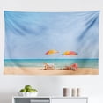 thumbnail image 1 of Seaside Tapestry, Relaxing Scene on Vacation Beach Palm Tree Chairs and Boats Panoramic Picture, Fabric Wall Hanging Decor for Bedroom Living Room Dorm, 2 Sizes, Green Blue, by Ambesonne, 1 of 1