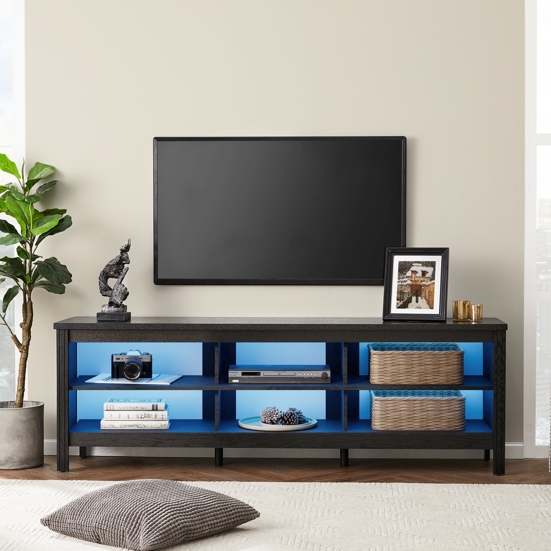 70" LED TV Stand for 75 inch TV Entertainment Center, TV Console Table with 6 Storages for Living Room Bedroom, Black