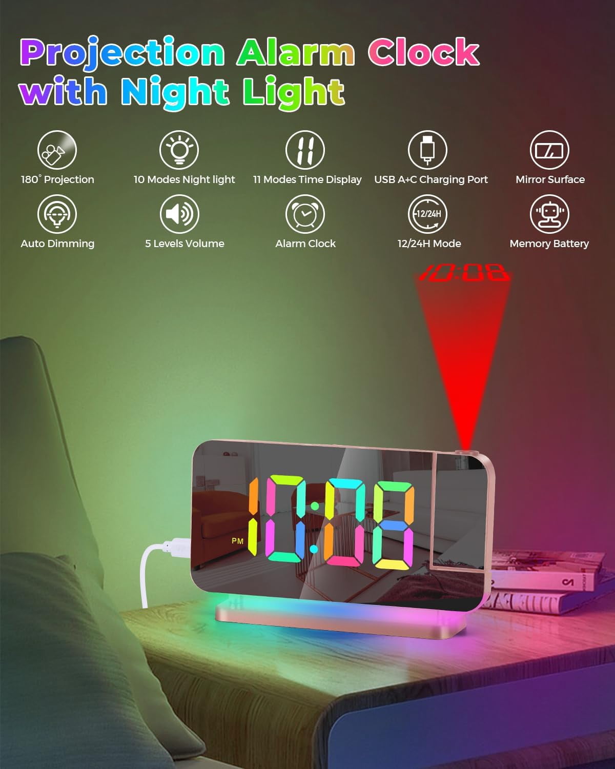 Wiher Projection Alarm Clock,7.4 in LED Mirror Digital Clocks Projection on Ceiling Wall,with RGB Night Light,USB C Charging Port,Auto Dimming,Modern Desk Clock for Bedroom Decor - Rose Gold