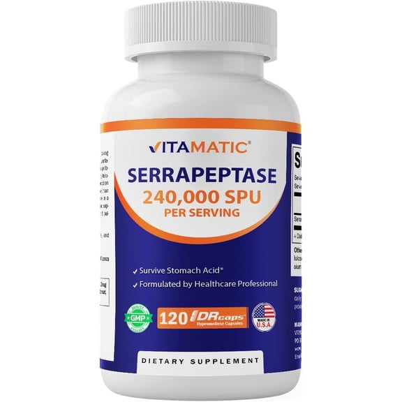 Vitamatic Serrapeptase 240,000 SPU Servings, 120 Delayed Released Capsules - Enteric Coated - Non-GMO & Gluten Free - Made in The USA (120 Count (Pack of 1))