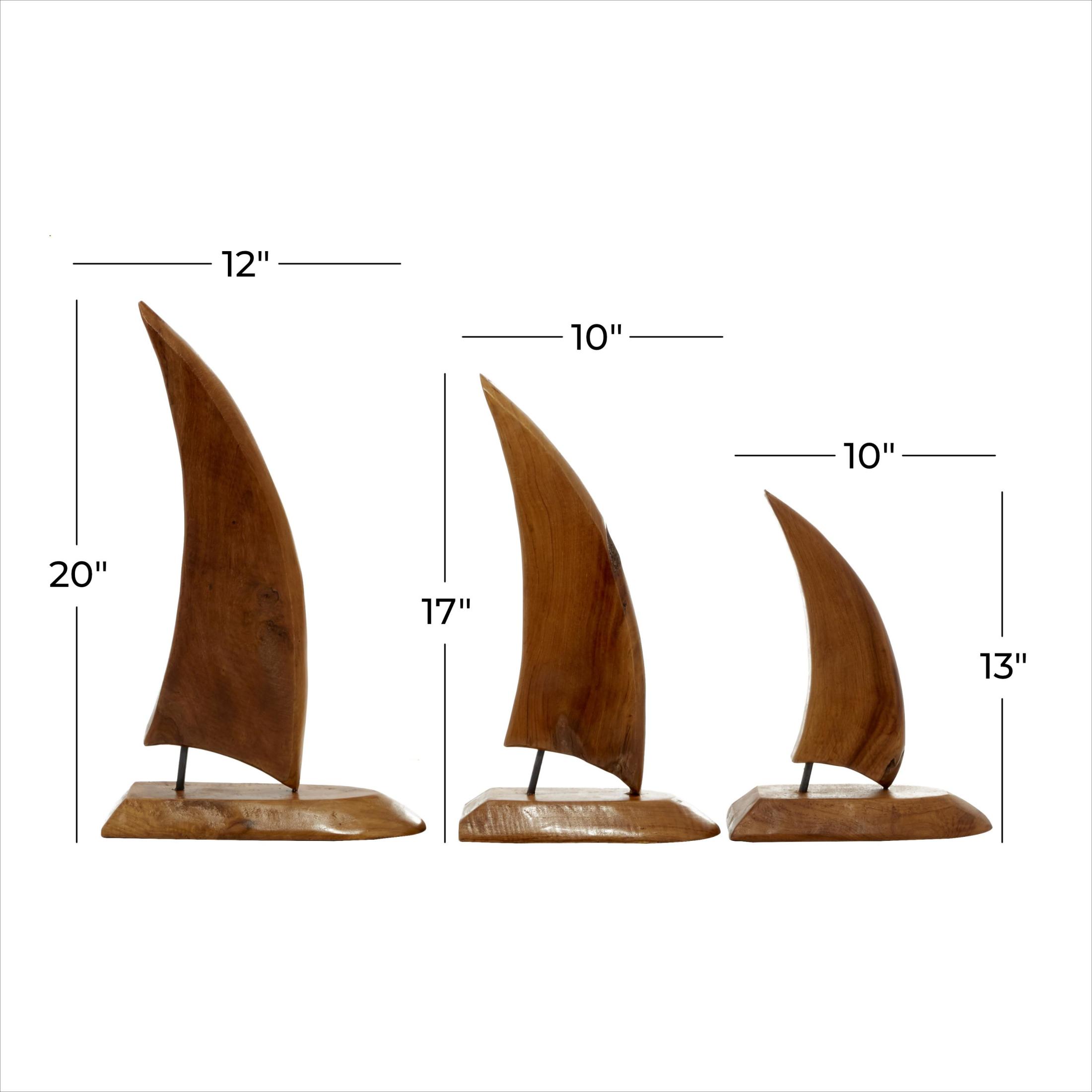 20", 17", 13"H Brown Teak Wood Handmade Sail Boat Sculpture, by DecMode (3 Count)