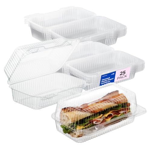 Fit Meal Prep 25 Pack 9” x 5.5” x 3.6” Clear Hinged Plastic Containers, Clamshell Take Out Containers, Bakery To Go Disposable Plastic Container, Ideal for Cake Cookie Pastry Bread Fruit Sandwiches