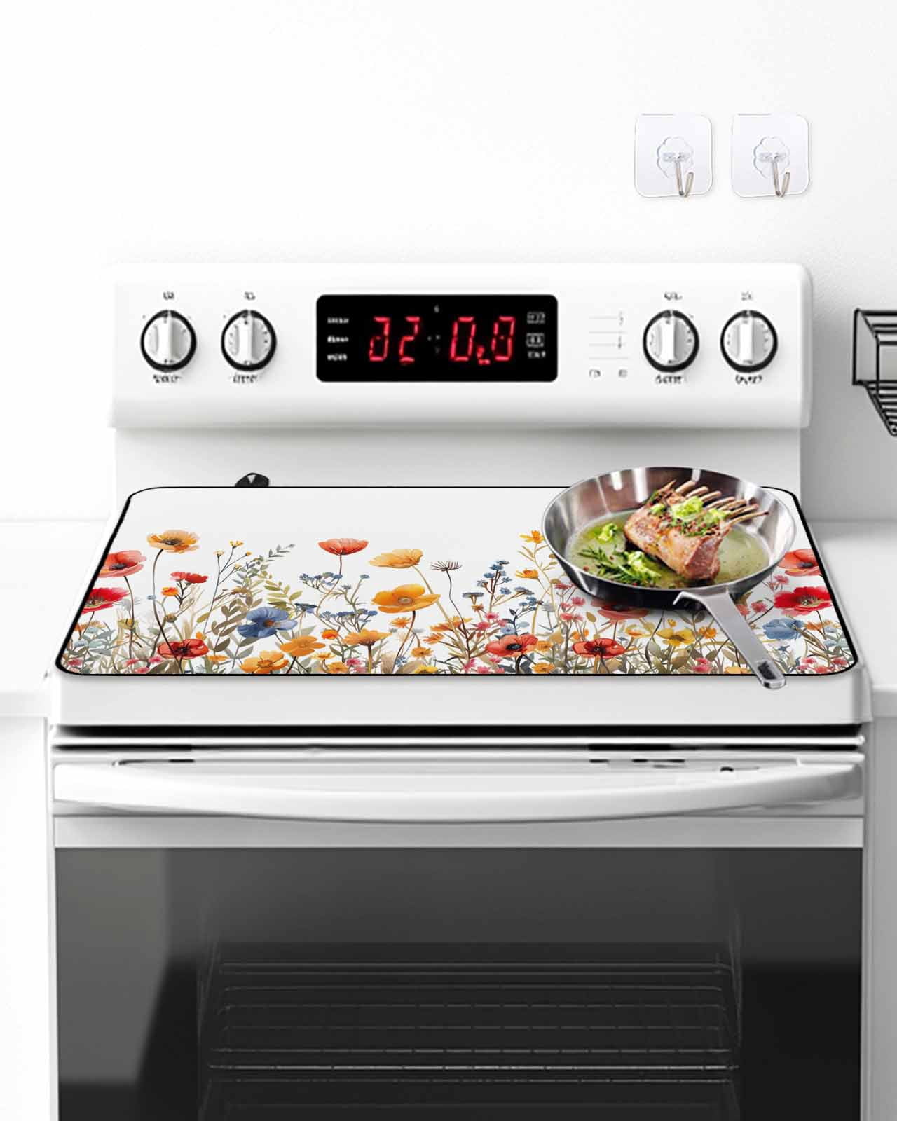 Stove Top Covers for Electric Stove, Yellow Red Blue Spring Floral Glass Stovetop Cover Protector, Summer Botanical Flowers Induction Cooktop Protector Oven Mat for Kitchen Countertop 24"x21"