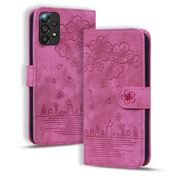 SaniMore Magnetic Wallet Case for Samsung Galaxy A33 5G [RFID Blocking] Card Holder, Cartoon Embossing PU Leather Cover Built-in Kickstand & Wrist Strap Shockproof Protective Shell, Rose