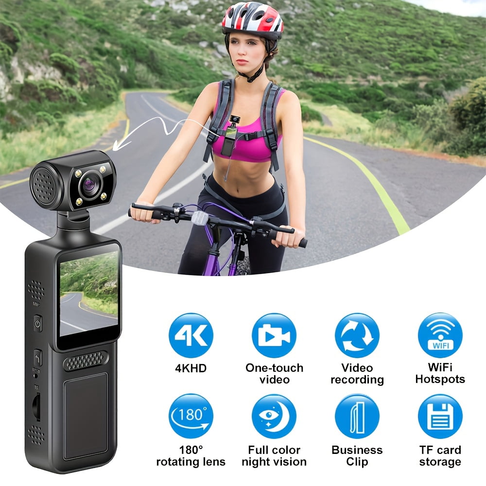 4K WiFi Mini Camera for Vlogging & Sports - 180° Rotatable Wide-Angle Stabilized Camcorder, TF Card Recording, Auto-Exposure, Portable YouTube/TikTok Video Recorder