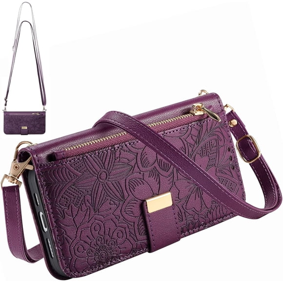 iPhone Funda Tipo Cartera Cruzada para 17 Pro con Correa y Bolsillo con Zíper, Cubierta de Cuero Floral