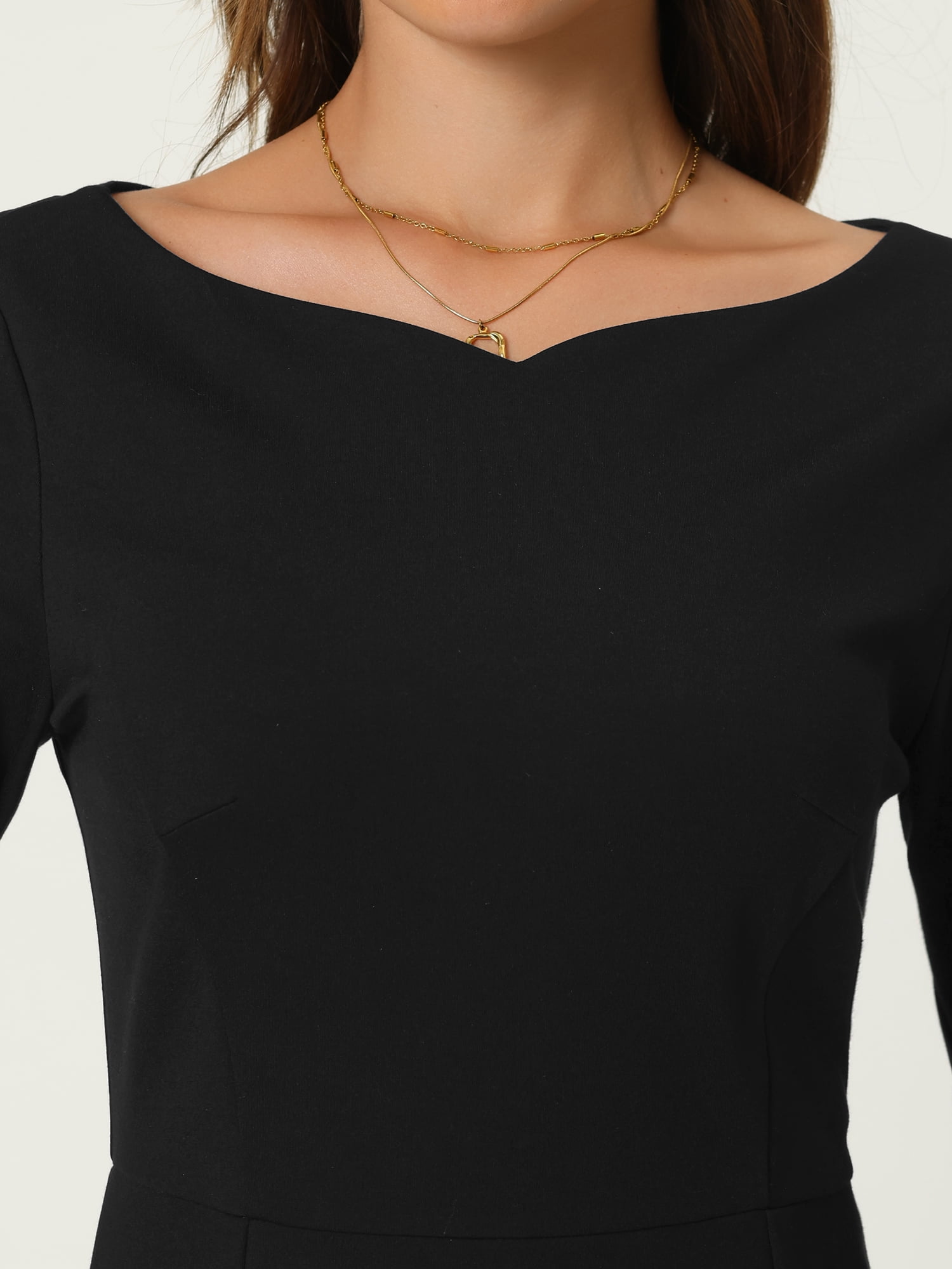 Unique Bargains Women's 3/4 Sleeve Work Boat Neck Elegant Pencil Sheath Dresses L Black