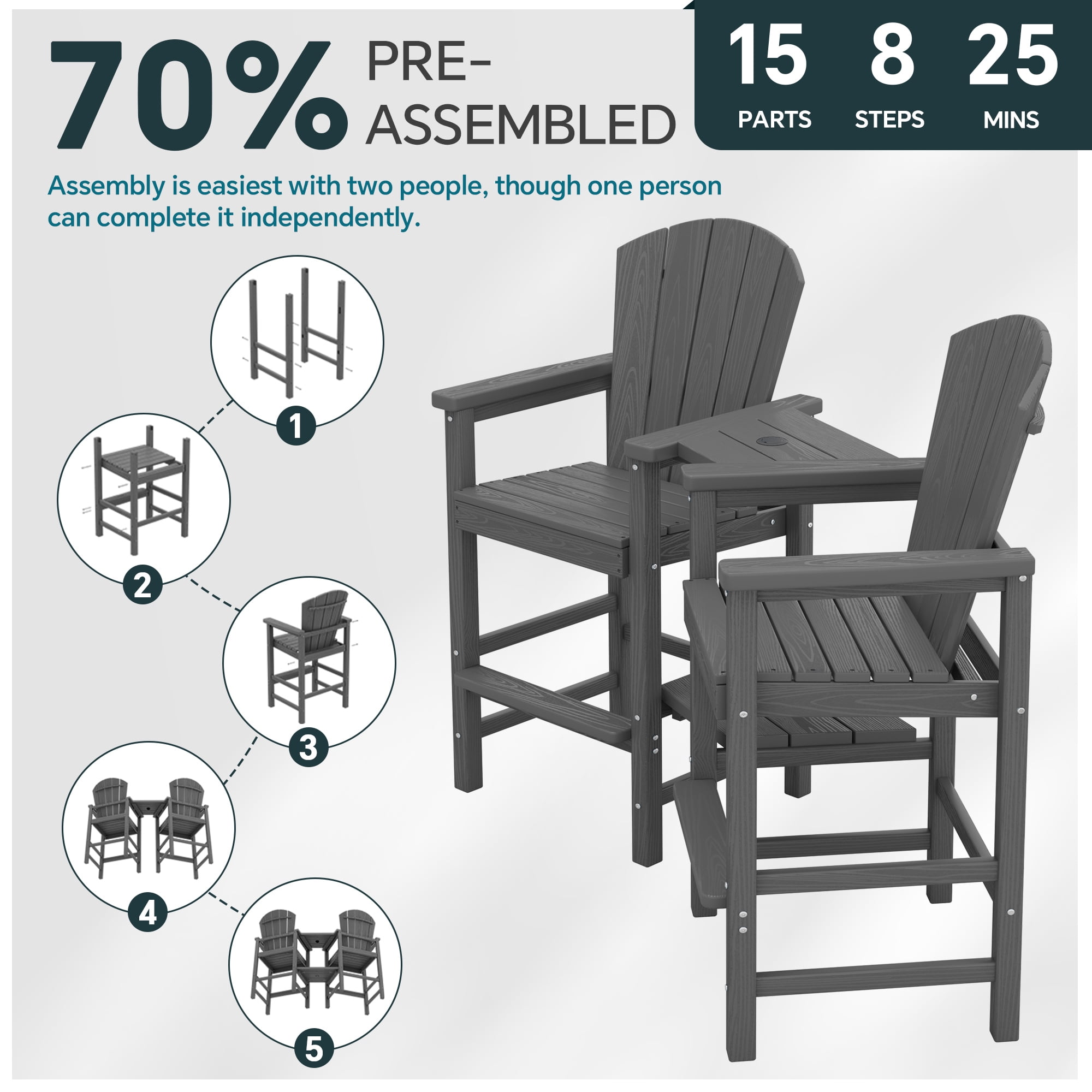 SERWALL Tall Adirondack Chairs Set of 4 with Double Layer Connecting Tray, HDPE Bar Height Outdoor Chairs, for Patio, Balcony, Porch, Pool, Gray