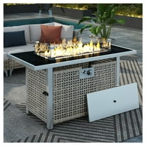K&K 43" Rectangular Wicker Propane Gas Fire Pit Table, 60,000 BTU, Glass Wind Guard, Patio, Garden, Backyard, Grey Finish