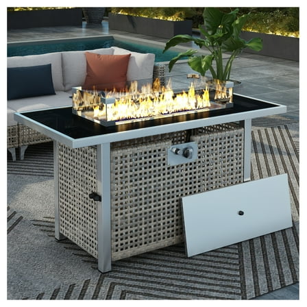 K&K 43" Propane Gas Table, 60000 BTU Rectangular Open Weave Wicker with Glass Wind Guard for Outside Patio