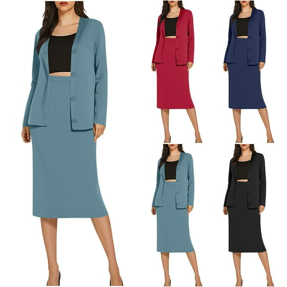 qolati Business Skirt Suit Set for Women 2 Piece Office Work Outfit Collarless Blazer Pencil Skirt Sets Long Sleeve Button Down Open Front Cardigan Matching Dressy Suits Gray M