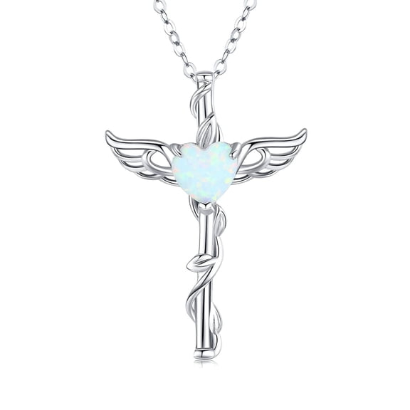 Coachuhhar Angel Wing Cross Necklace 925 Sterling Silver White Opal Cross Crucifix Pendant Necklace Guardian Angel Wings Necklace Cross Jewelry Gifts for Women
