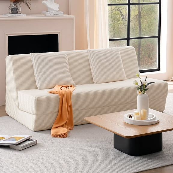Vorthio Folding Sofa Bed, Convertible Sleeper Chair with Pillows, High Support Memory Foam & Soft Corduroy Fbric, Comfy Couch Bed, Floor Loveseat Couch for Living Room,White