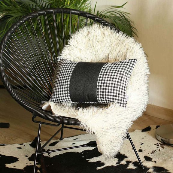 Boho-Chic Handcrafted Decorative Single Throw Pillow Cover Houndstooth 12" x 20" Black Lumbar Pillowcase for Couch, Bedding