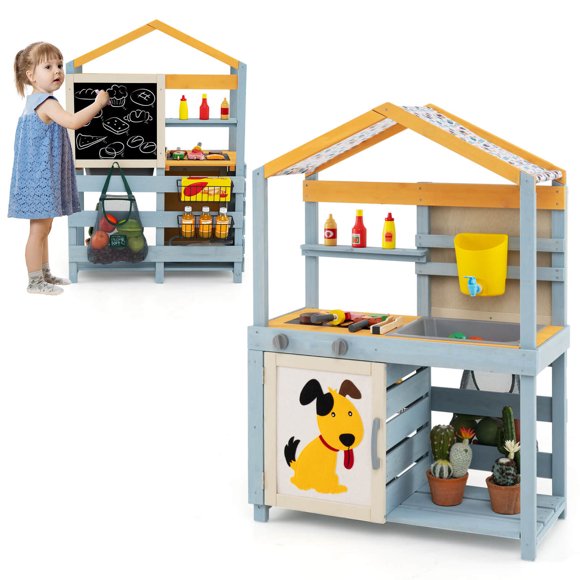 Costway 2 in 1 Wooden Mud Kitchen Outdoor Play Kitchen & Grocery Store with Sink