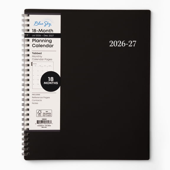 Blue Sky 2027 18 Month Monthly Planner Calendar, July 2026 - December 2027, 8" x 10", Monthly Layout, Flexible Cover, Silver Wirebound, Laminated Tabs, Enterprise