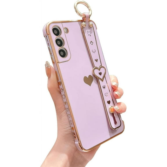 Samsung Galaxy S21 5g 6.2" Phone Case with Cute Love Heart Adjustable Wrist Strap Kickstand Luxury Plating Aesthetic Side Heart Cover Soft Silicone Shockproof Stand Holder Bumper (Purple)