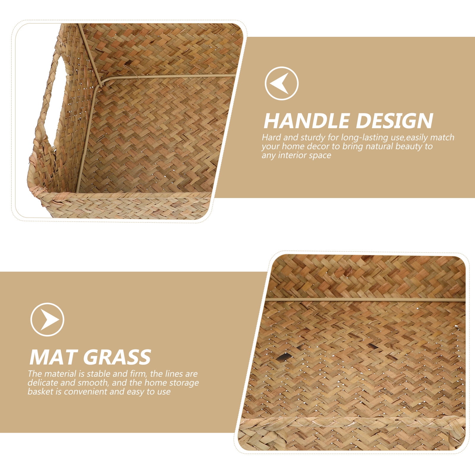 Wicker Storage Basket Hand Woven Seagrass Baskets with Handles Rectangle Natural Bread Basket for Bathroom Pantry Kitchen Closet Shelf Organizing