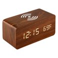 thumbnail image 1 of Smart Wooden Digital LED Clock with Wireless Charging & Temperature Display - Mahogany Wood with White Lettering, 160x70x70mm, Gift Box Package, Includes USB Cable & User Manual, 1 of 6