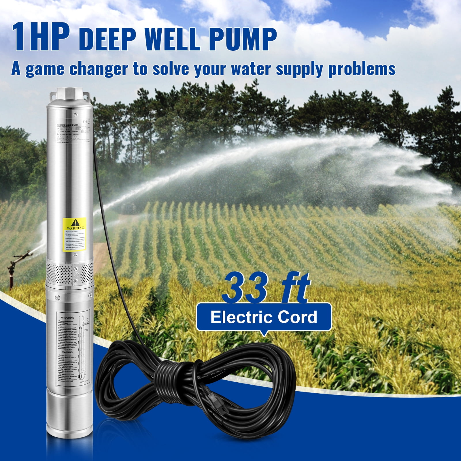 KFFKFF Deep Well Submersible Pump, 1HP/750W 115V/60Hz, 37GPM Flow 207 ft Head, with 33 ft Electric Cord , Irrigation & Home Use, IP68 Waterproof Grade , 4 inch Stainless Steel Water Pumps