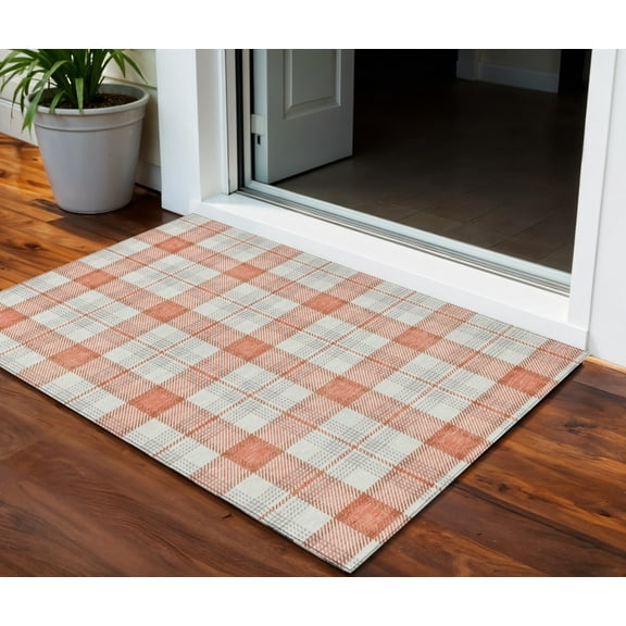 3' X 5' Coral And Beige Plaid Washable Indoor Outdoor Area Rug