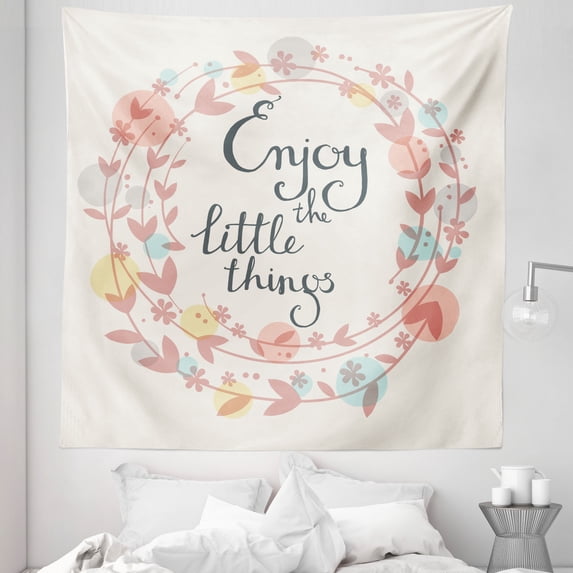 Saying Tapestry, Flower and Leaf Silhouettes with Colorful Dots on Eggshell Backdrop, Fabric Wall Hanging Decor for Bedroom Living Room Dorm, 5 Sizes, Multicolor, by Ambesonne