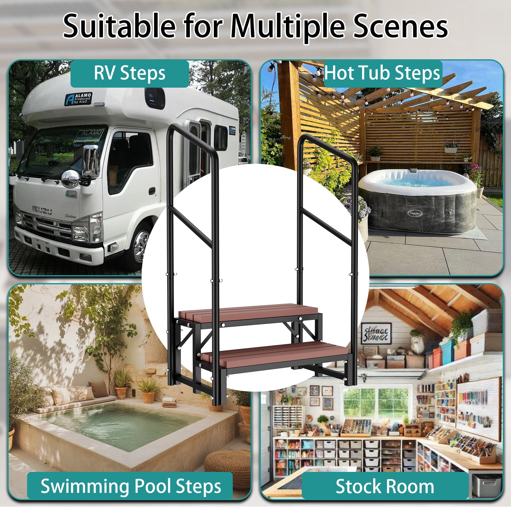 HOHYN 2-Step Hot Tub Stairs with Handrail, 33" Wide Heavy Duty Outdoor Spa Steps, 400 lbs Capacity Metal Frame Pool Steps for Inflatable Pool, Porch, Patio, Deck, RV
