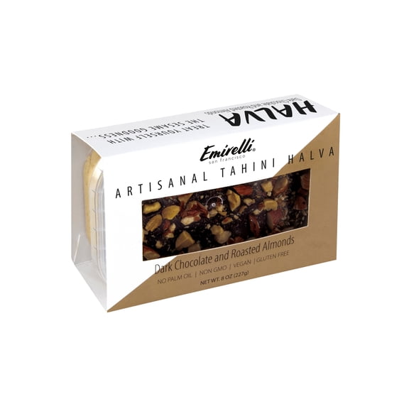 Emirelli Artisanal Halva Dessert  Authentic Middle Eastern Candy Turkish Sweets  Vegan Candy 55%-Tahini Halwa - Halvah Traditional International Sweets - Dark Chocolate Roasted Almonds Flavor