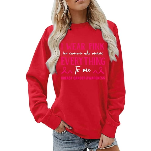 Cancer Awareness Sweatshirt Women Pink Ribbon Sweatshirts Crew Neck Long Sleeve Pullover Cancer Survivor Tee Tops (Red, XXXL)