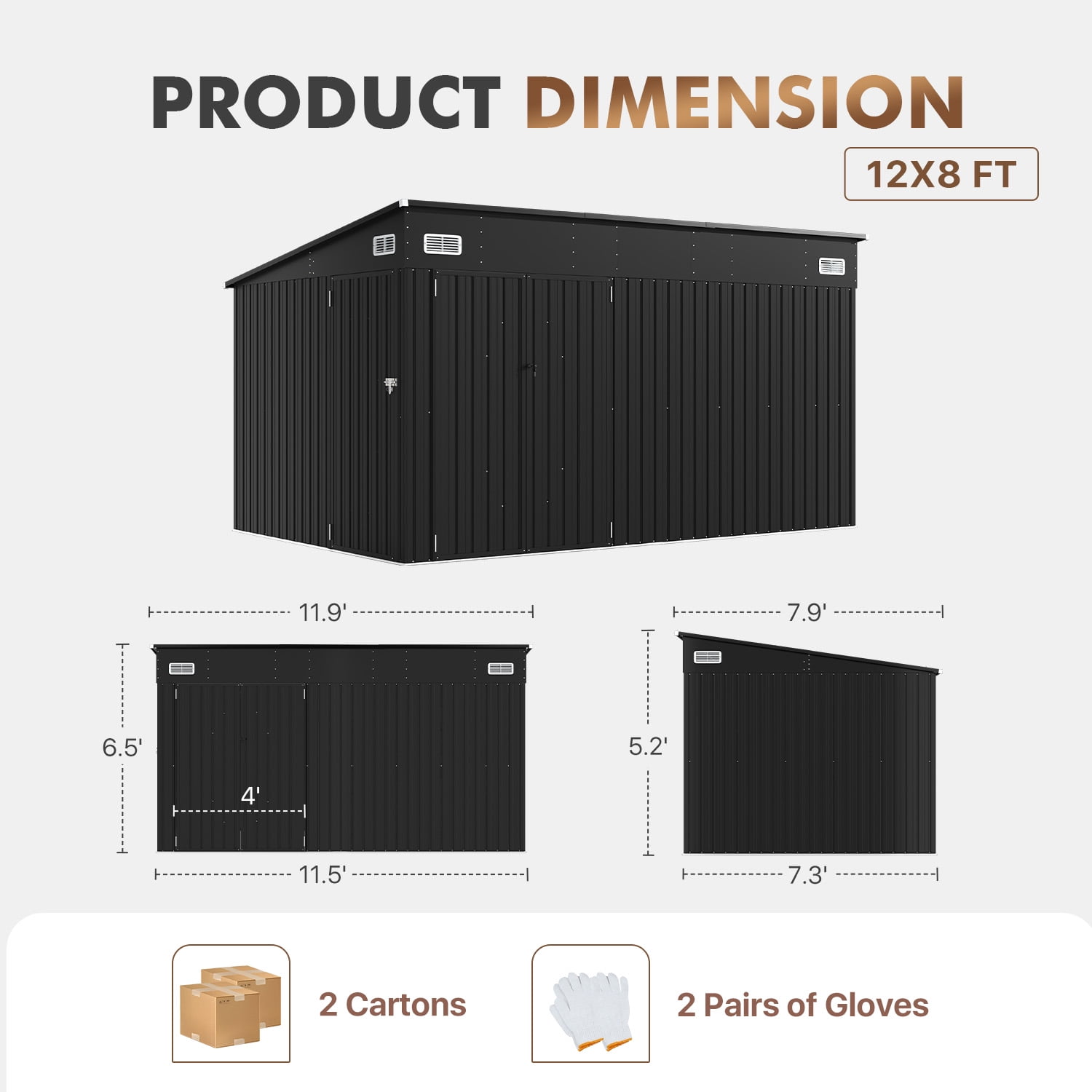BaPiPro 12'x8' Lean-to Metal Storage Shed, Outdoor Lockable Shed with Triple Doors & Vents for Garden, Backyard, Patio - Black