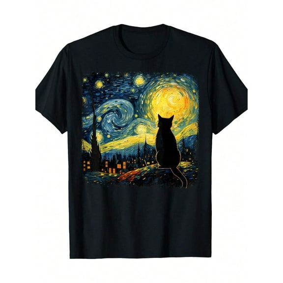 Cat Starry Night Van Gogh Cat For Cat Lover Cat Mom Cat Dad T-ShirtCouple Clothing 2025Family T-Shirt