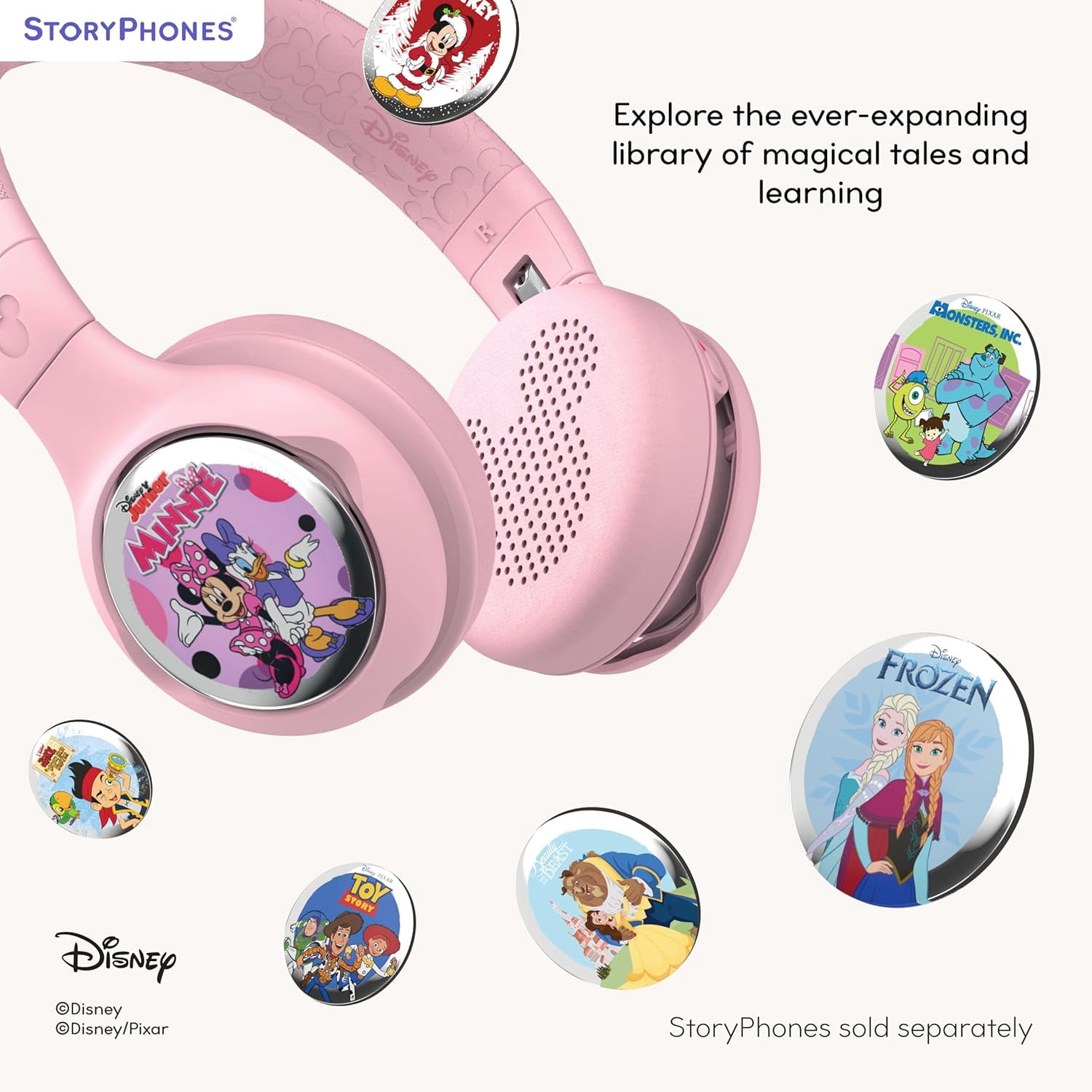 Disney StoryPhones Storytelling Foldable Bluetooth Kids Headphones, Intro Bundle with Mickey Mouse Story Disk Rose Pink