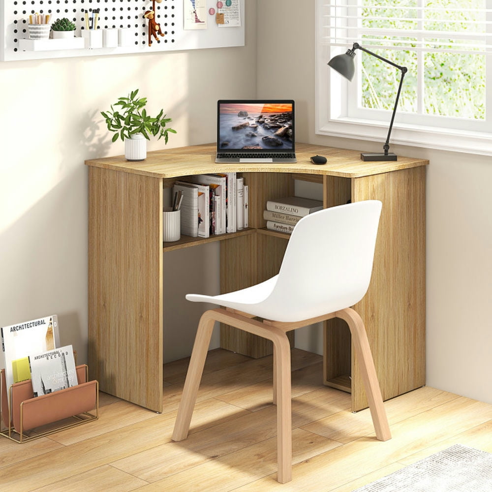 Demi Bonn Corner Computer Desk Triangle Home Office Desk with Adjustable Shelf and Arc-Shaped Profile, Beige
