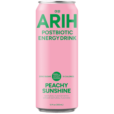 ARIH Postbiotic Energy Drink, Zero Sugar Clean Energy Drink with 100mg Natural Caffeine, Peachy Sunshine, 12 fl oz