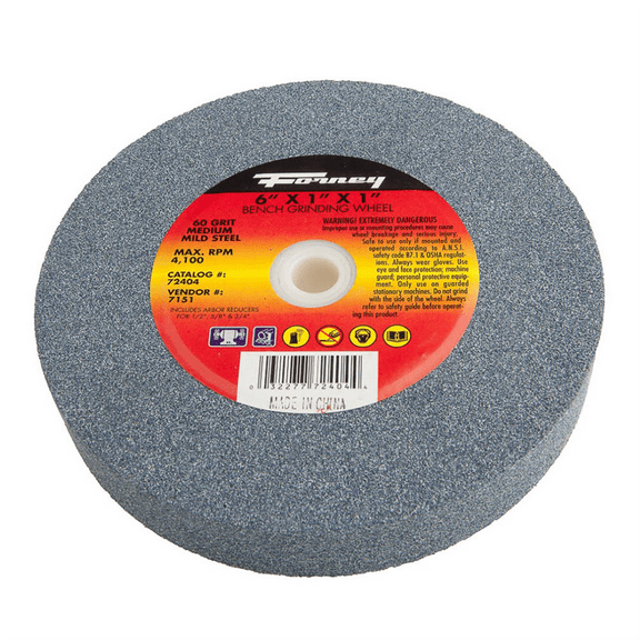 Forney Bench Grinding Wheel - Medium 60 Grit - 6" x 1" x 1" Arbor - Aluminum oxide wheel - Max RPM: 4,100