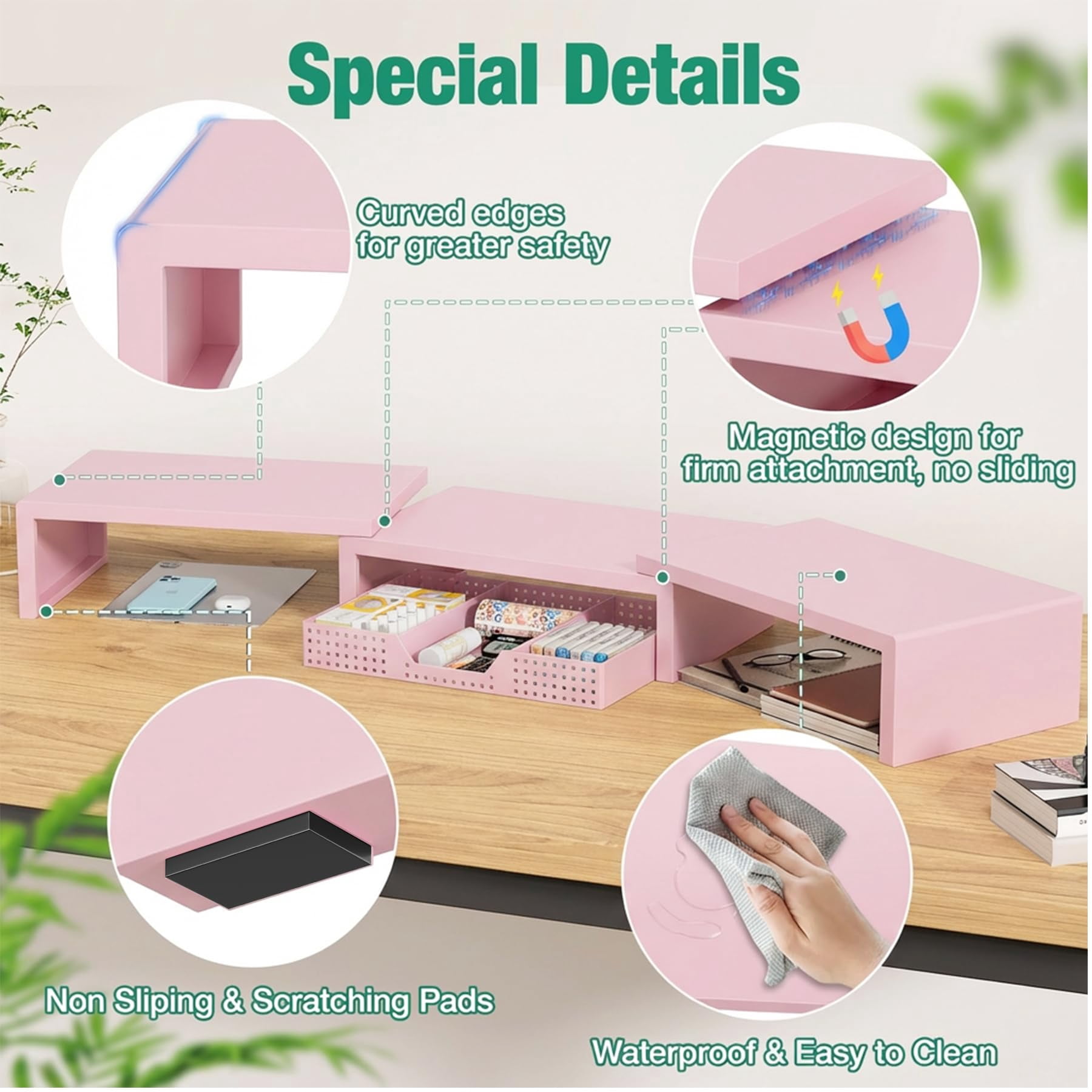 Desk Organizers And Accessories  Dual Computer Monitor Stand Riser With Drawer Office Decor For Women & Workspace Pink