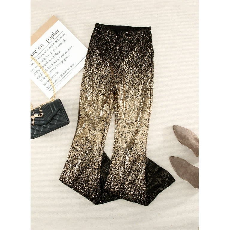 Blibea Women's Sequin Flare Pants High Waist Wide Leg Palazzo