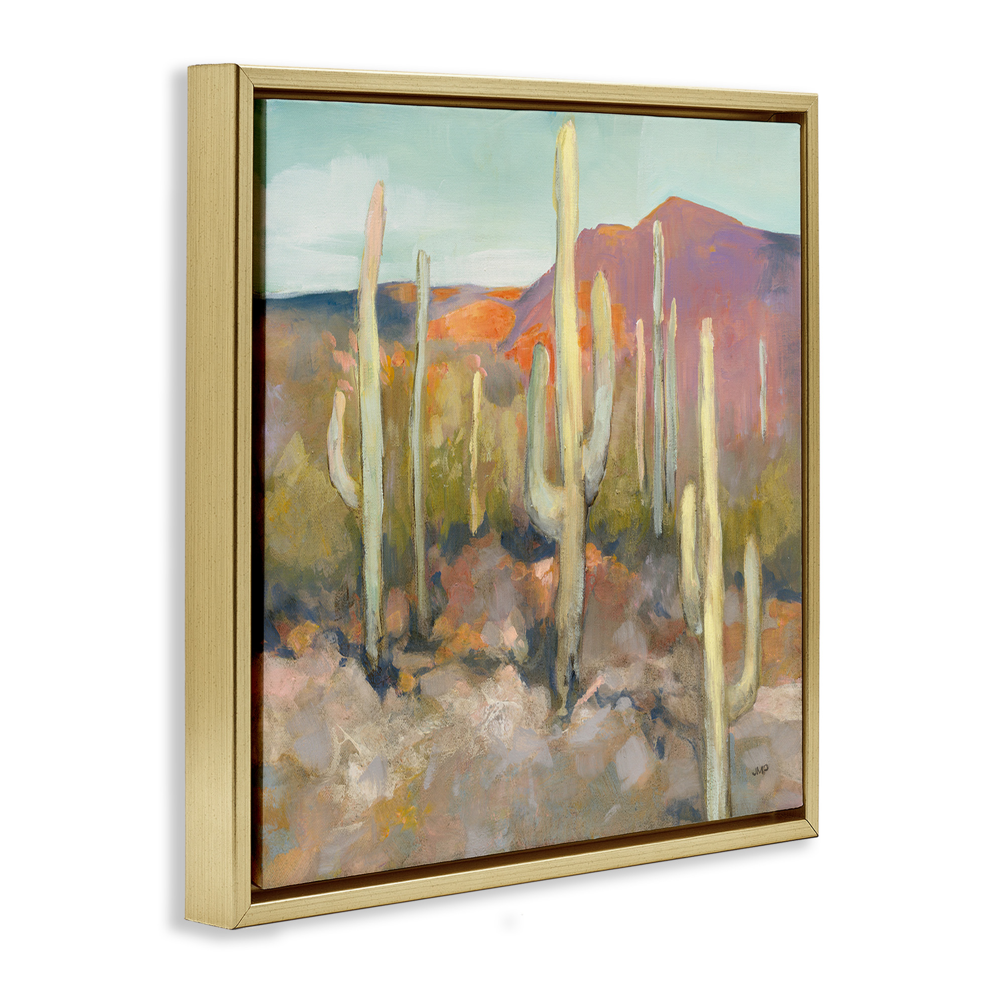 Stupell Industries Soft Cactus Desert Landscape Landscape Painting Gold Floater Framed Canvas Art Print Wall Art, 25 x 25