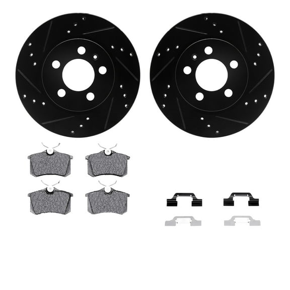 Dynamic Friction Company Rear Brake Rotors-Drilled and Slotted-Black with 5000 Advanced Brake Pads includes Hardware 8512-74048