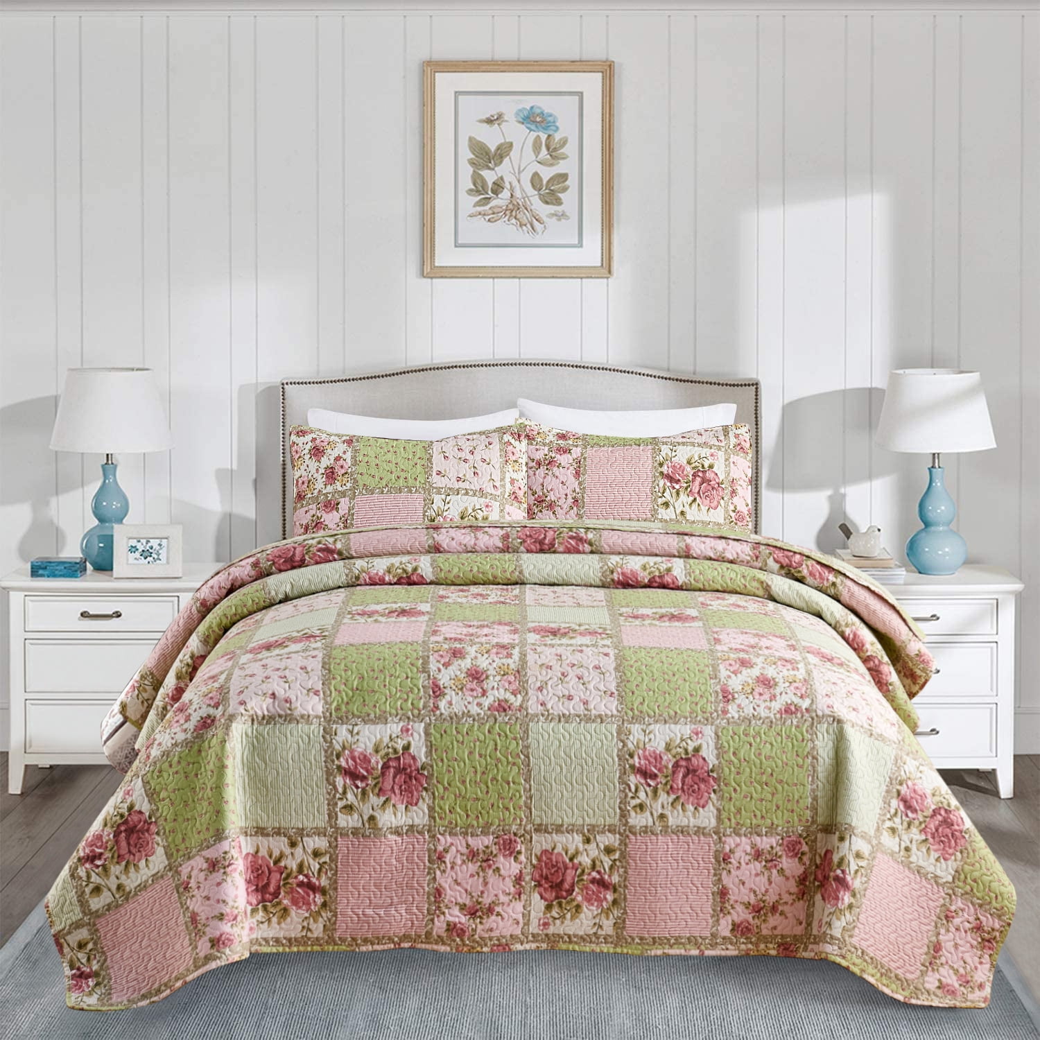 JML 3-Piece Quilt Set with 2 Shams, Soft Microfiber Bedspread Coverlet Set, Queen, Pink Floral