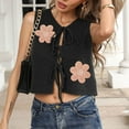 thumbnail image 5 of Womens Sleeveless Knit Sweater Vest Tie Front Ribbed V Neck Y2k Crop Tank Top Flower Pattern Cute Cardigan Blouse (L, Black), 5 of 7