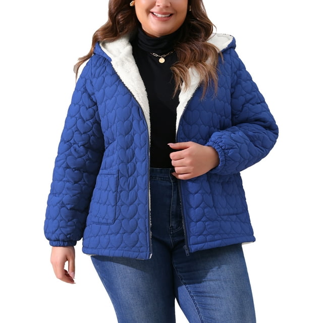 Abrigo Plus Size GRACE & GRANDEUR para Mujeres, Chaqueta Puffer Ligera con Capucha, Bolsillos, Acolchada, Cierre Completo, Abrigos de Invierno 1X Azul Real