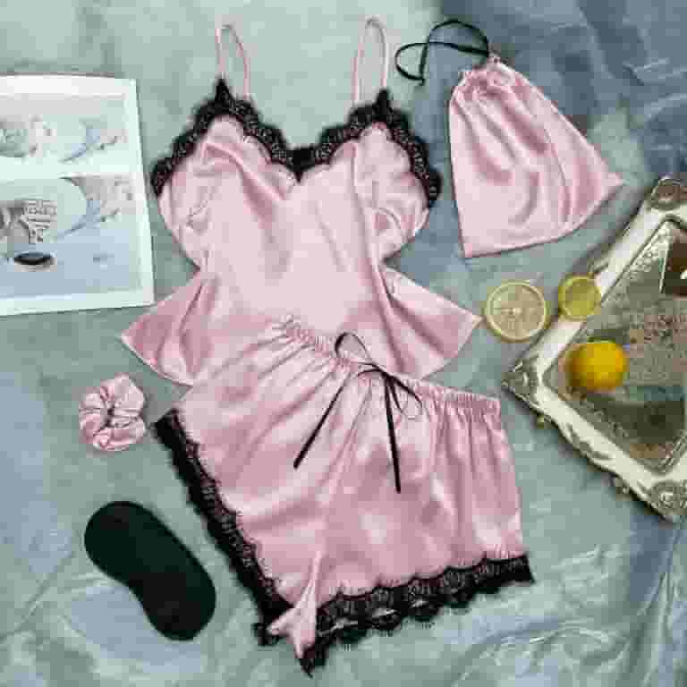 早割航空券 5-Piece Women's Pajamas Sets Sleep Homewear Lace Silk Satin Clothing