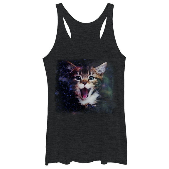 Women's Lost Gods Yawning Space Cat  Racerback Tank Top Black Heather Medium