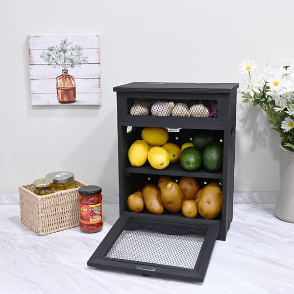 Free Assemble Wooden Countertop Potato and Onion Storage Bin Box, Countertop Cabinet, Wooden Bread Boxes, Potato Storage, Coffee Station,11.8W x 6.8D x 16H in, Black Color