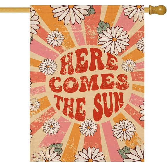 Summer House Flags for Outdoor Decoration, Watercolor Daisies Here Comes The Sun Large Yard Flag, Seasonal Decorative Celebration Decor for Spring 28x40 Inch Vertical Double Sided