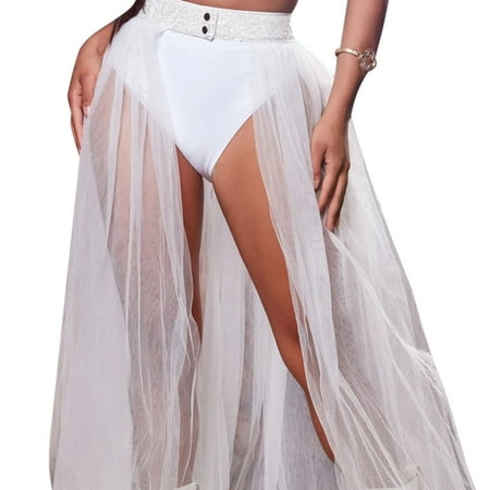 HUJUKULUDUSU Women s Bikini Cover Up Solid Color Mesh Sheer Hollow Long Skirt