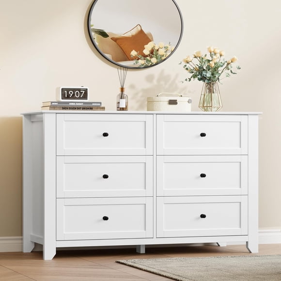White 6 Drawer Dresser for Bedroom, 54" Wide Large Dresser with Deep Drawers & Metal Knobs, Modern Wooden Chests of Drawers for Entryway, Hallway