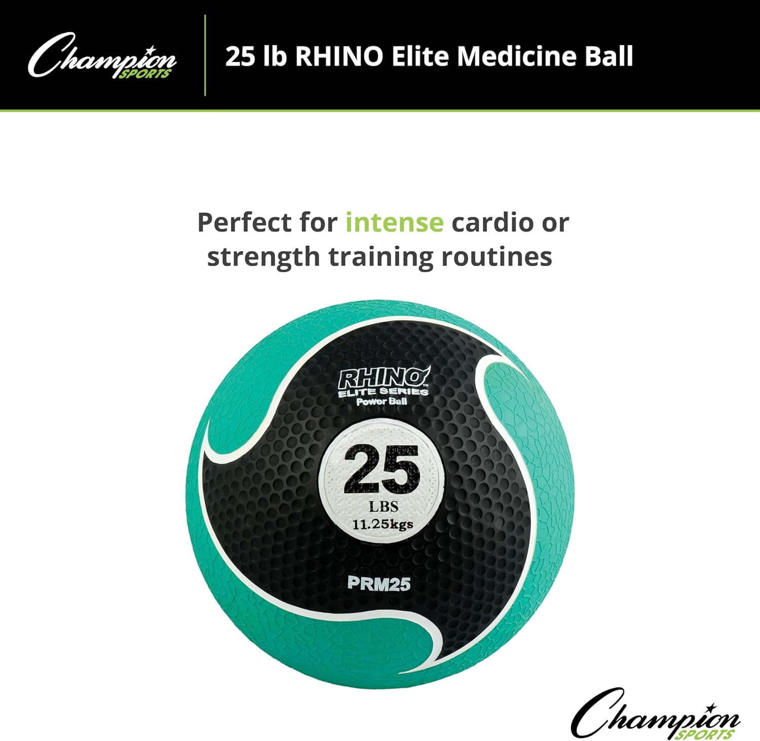Champion Sports Rhino Elite Medicine Ball-Durable Rubber Weighted Ball & Textured Grip for Core Strength-Cardio & Cross-Training Workouts-Home or Gym Fitness-Green (25lbs)